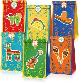 Aaon 24pcs Mexican Fiesta Party Bags,Cinco De Mayo Themed Party Bags,Taco Twosday Paper Bags,Sombrero Cactus Party Favor Bags with 36pcs Mexican Fiesta Stickers