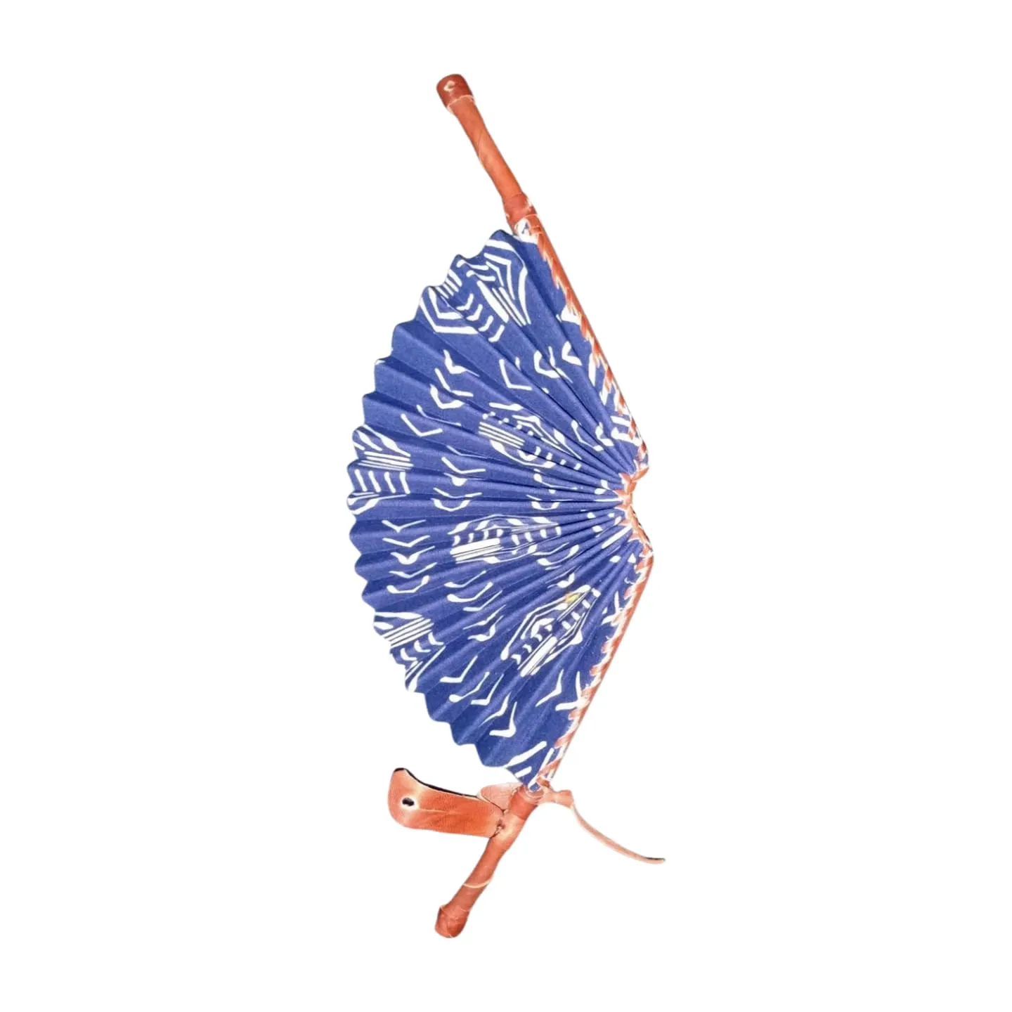 African Fabric and Leather Folding Fan (BLUE WHITE WOODIN)