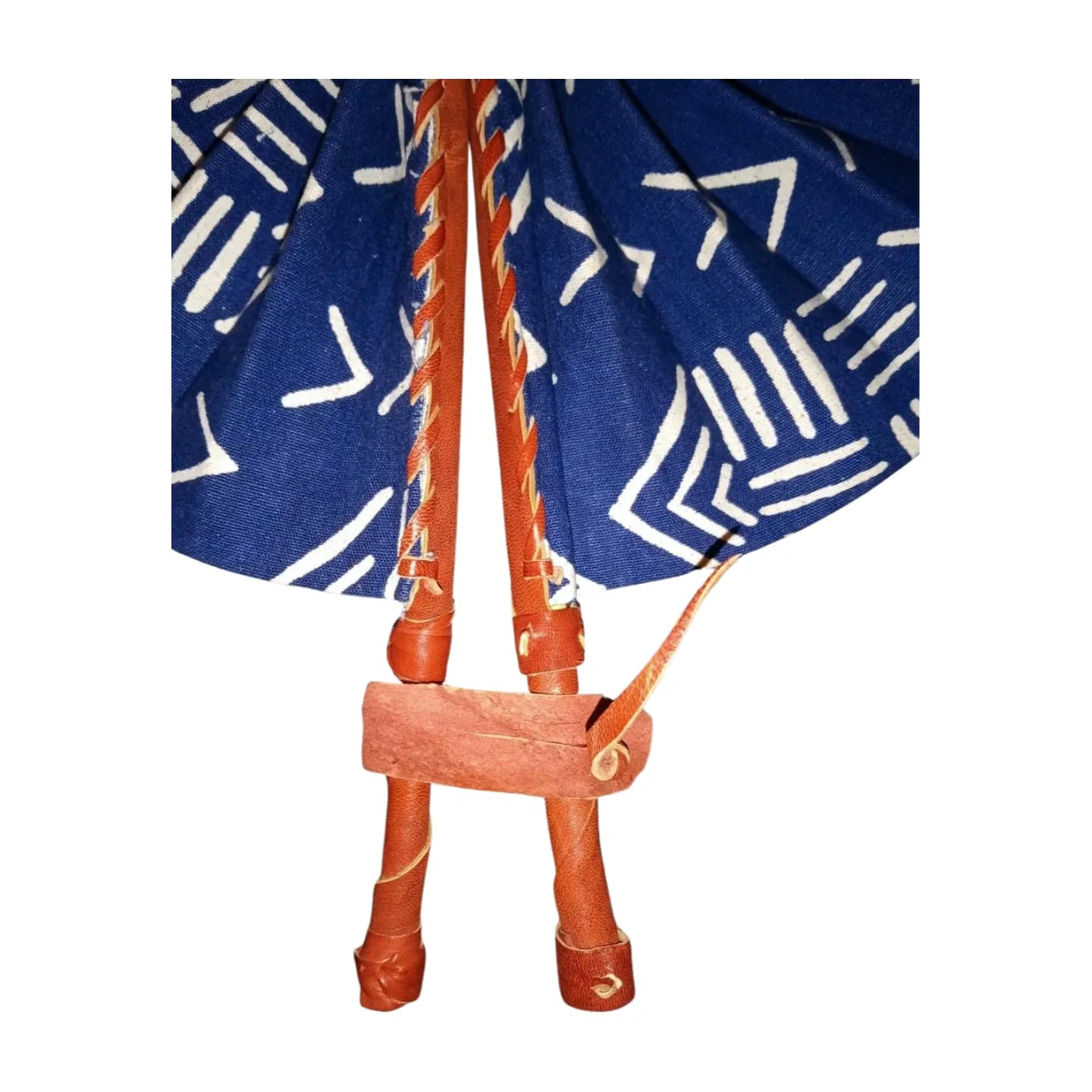 African Fabric and Leather Folding Fan (BLUE WHITE WOODIN)