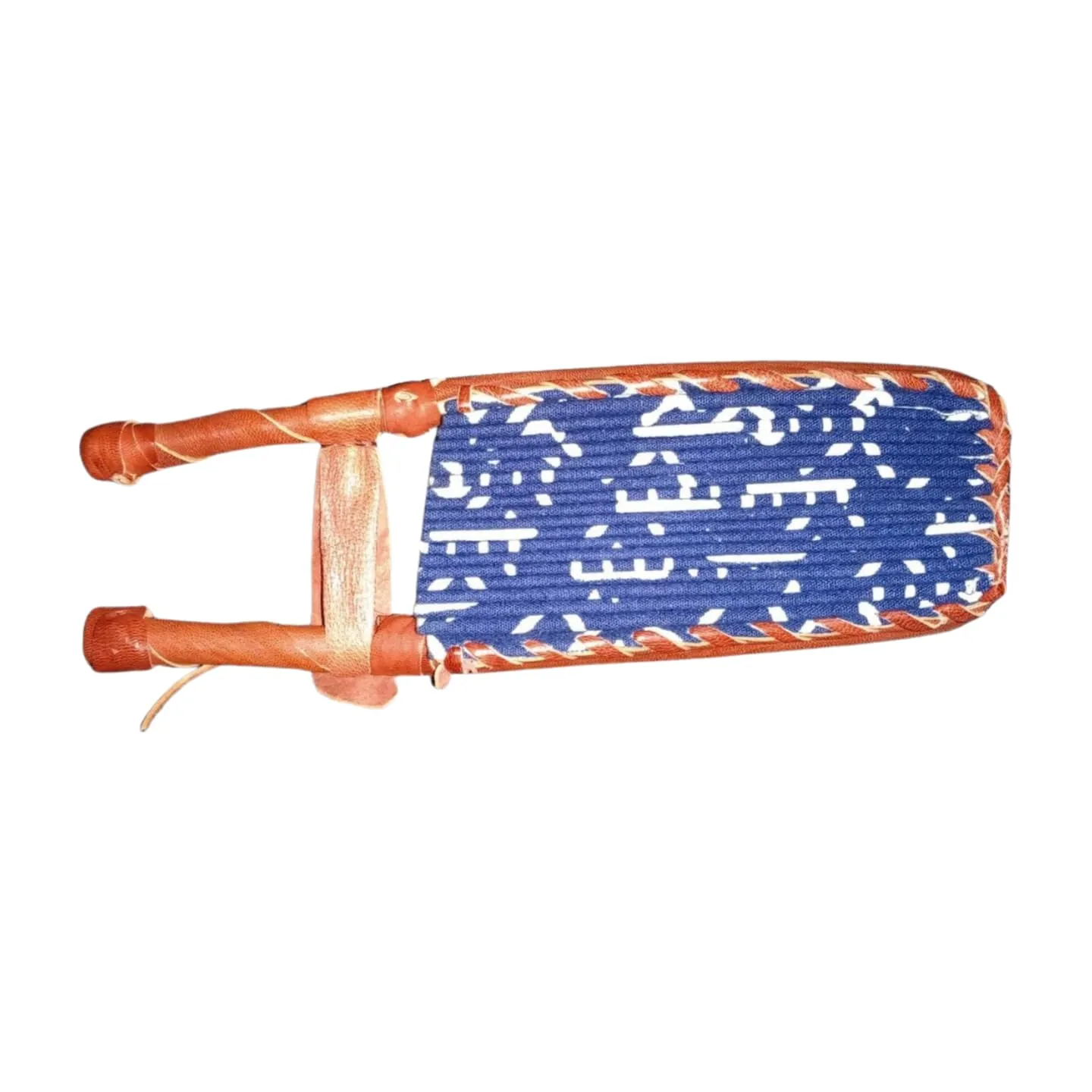 African Fabric and Leather Folding Fan (BLUE WHITE WOODIN)