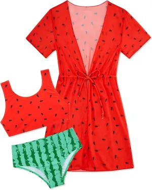 AIDEAONE Girls 3 Piece Bikini Swimsuit Set Cute Bathing Suit with Quick Dry Swimwear with Coverups 5-12T