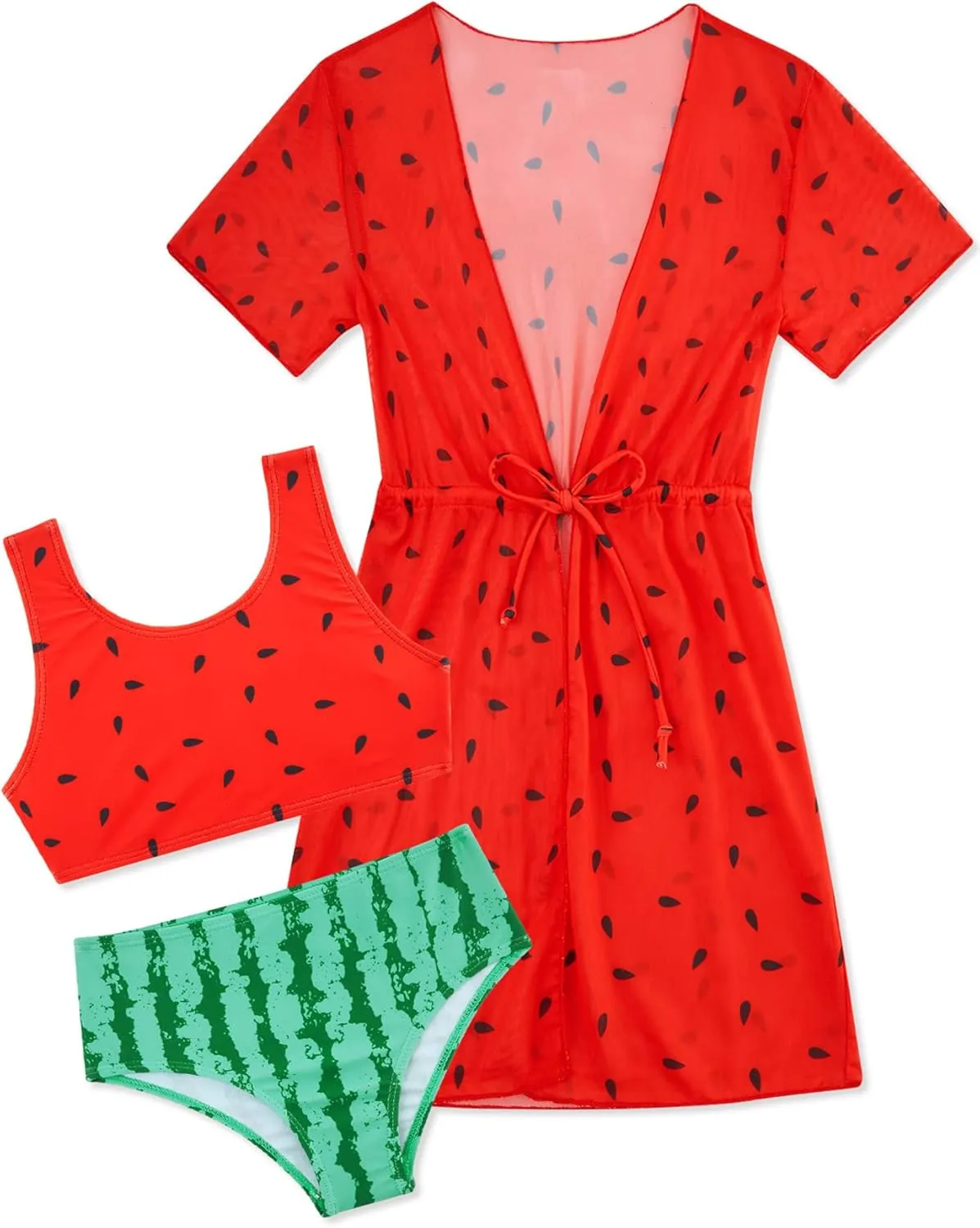 AIDEAONE Girls 3 Piece Bikini Swimsuit Set Cute Bathing Suit with Quick Dry Swimwear with Coverups 5-12T