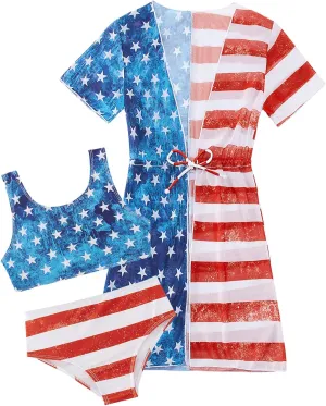 AIDEAONE Girls 3 Piece Bikini Swimsuit Set Cute Bathing Suit with Quick Dry Swimwear with Coverups 5-12T