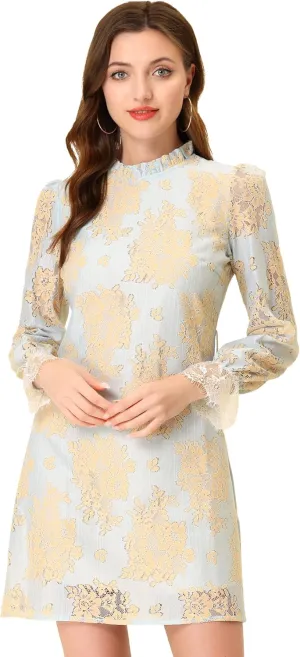 Allegra K Women's Cocktail Elegant Ruffle Crew Neck Floral Lace Shift Dress