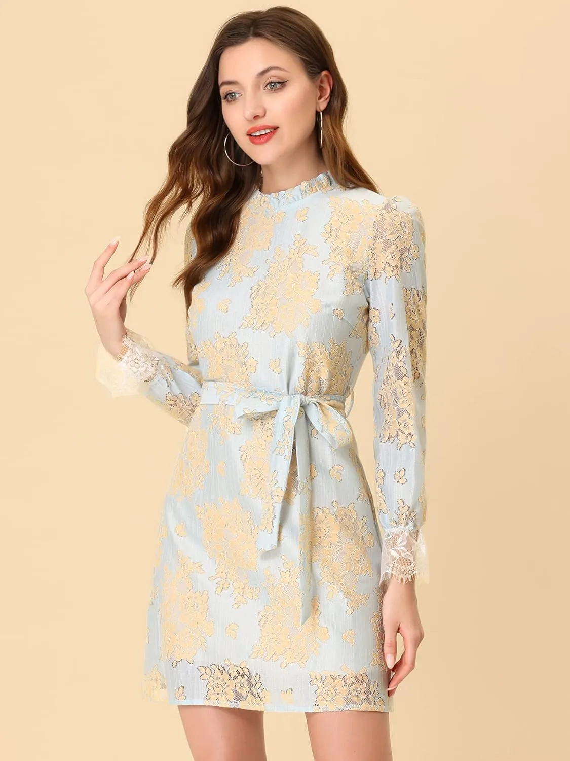 Allegra K Women's Cocktail Elegant Ruffle Crew Neck Floral Lace Shift Dress