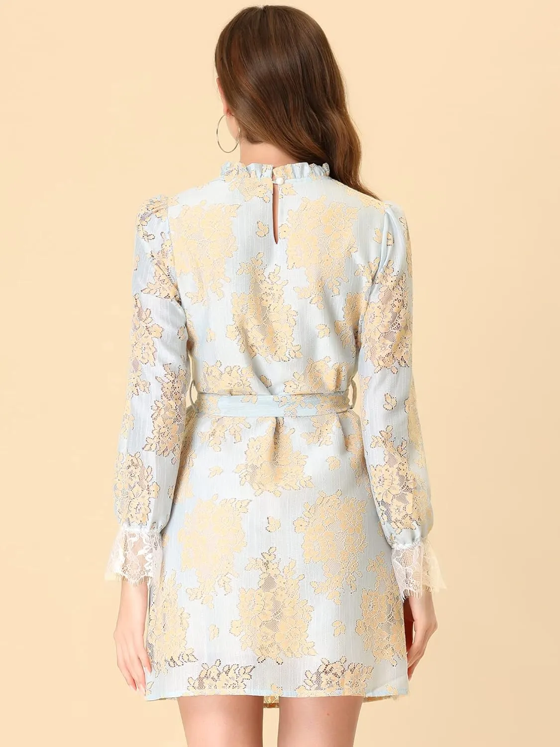 Allegra K Women's Cocktail Elegant Ruffle Crew Neck Floral Lace Shift Dress