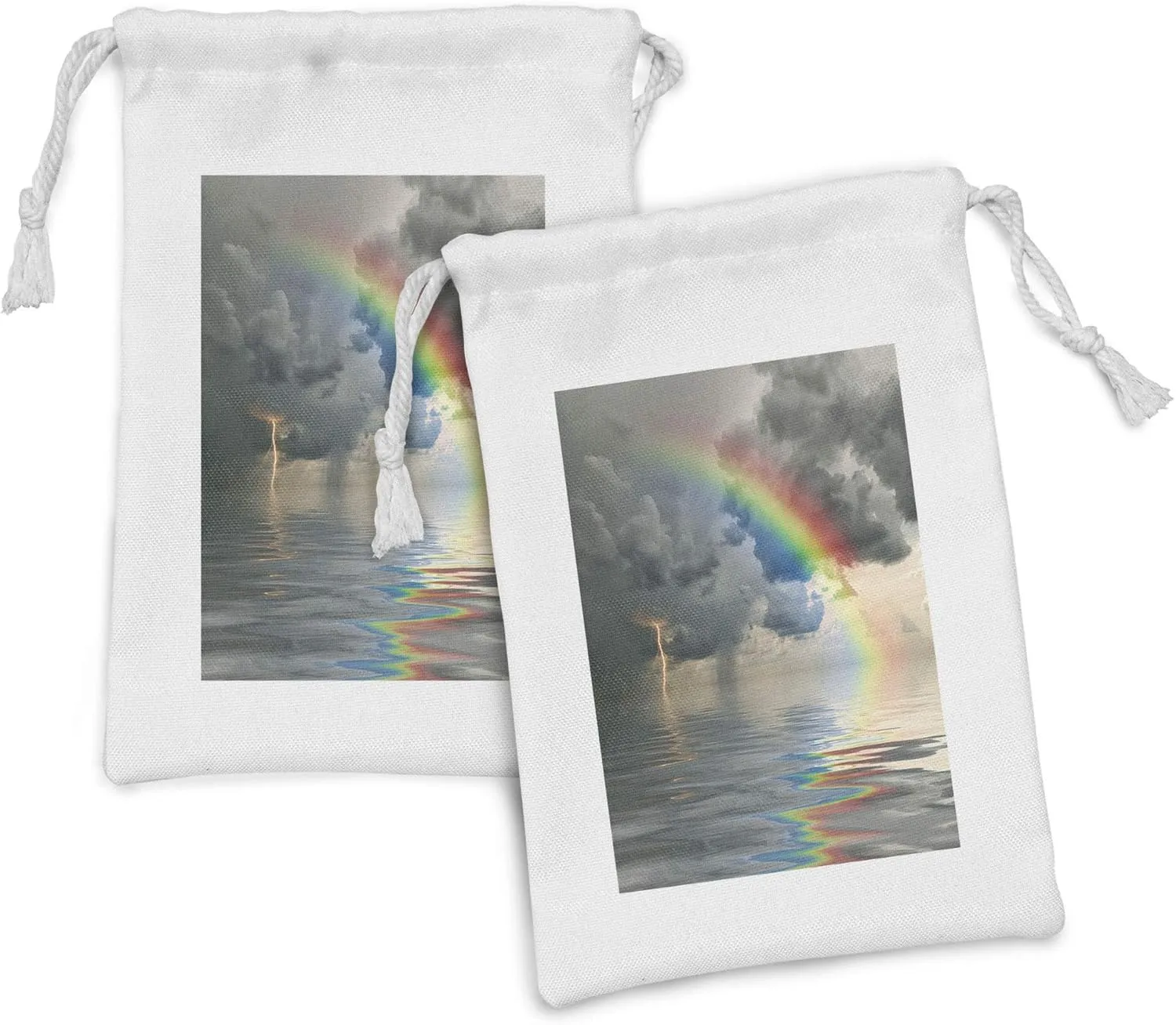 Ambesonne Rainbow Fabric Pouch Set of 2, Rainbow on Rippling Water Storm Clouds and Thunder Overcast Sky Weather, Small Drawstring Bag for Toiletries Masks and Favors, 9" x 6", Pale Grey Multicolor