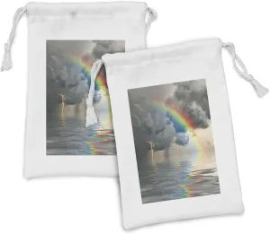 Ambesonne Rainbow Fabric Pouch Set of 2, Rainbow on Rippling Water Storm Clouds and Thunder Overcast Sky Weather, Small Drawstring Bag for Toiletries Masks and Favors, 9" x 6", Pale Grey Multicolor