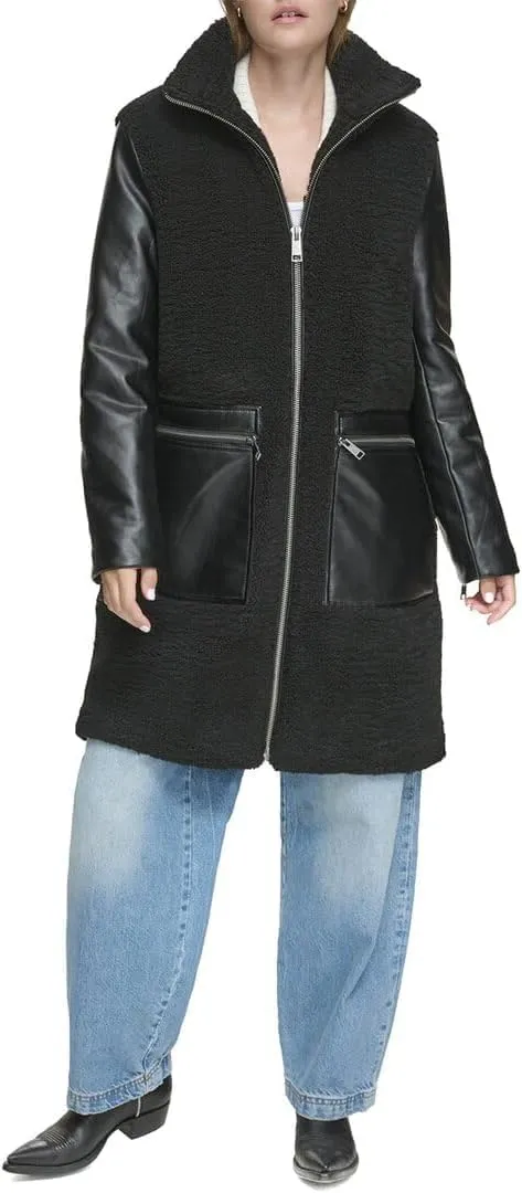 Andrew Marc New York Women's Tunis Pleather Trimmed Sherpa Coat, Black, L