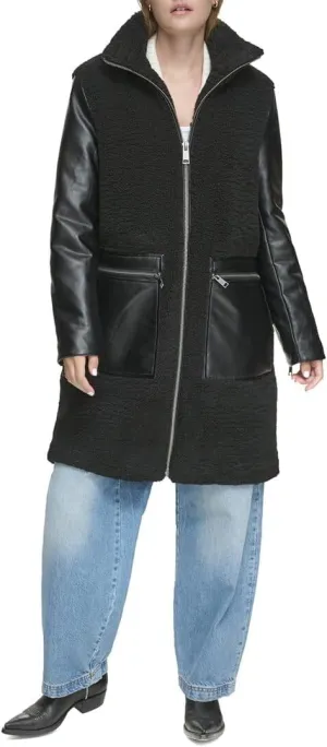 Andrew Marc New York Women's Tunis Pleather Trimmed Sherpa Coat, Black, L