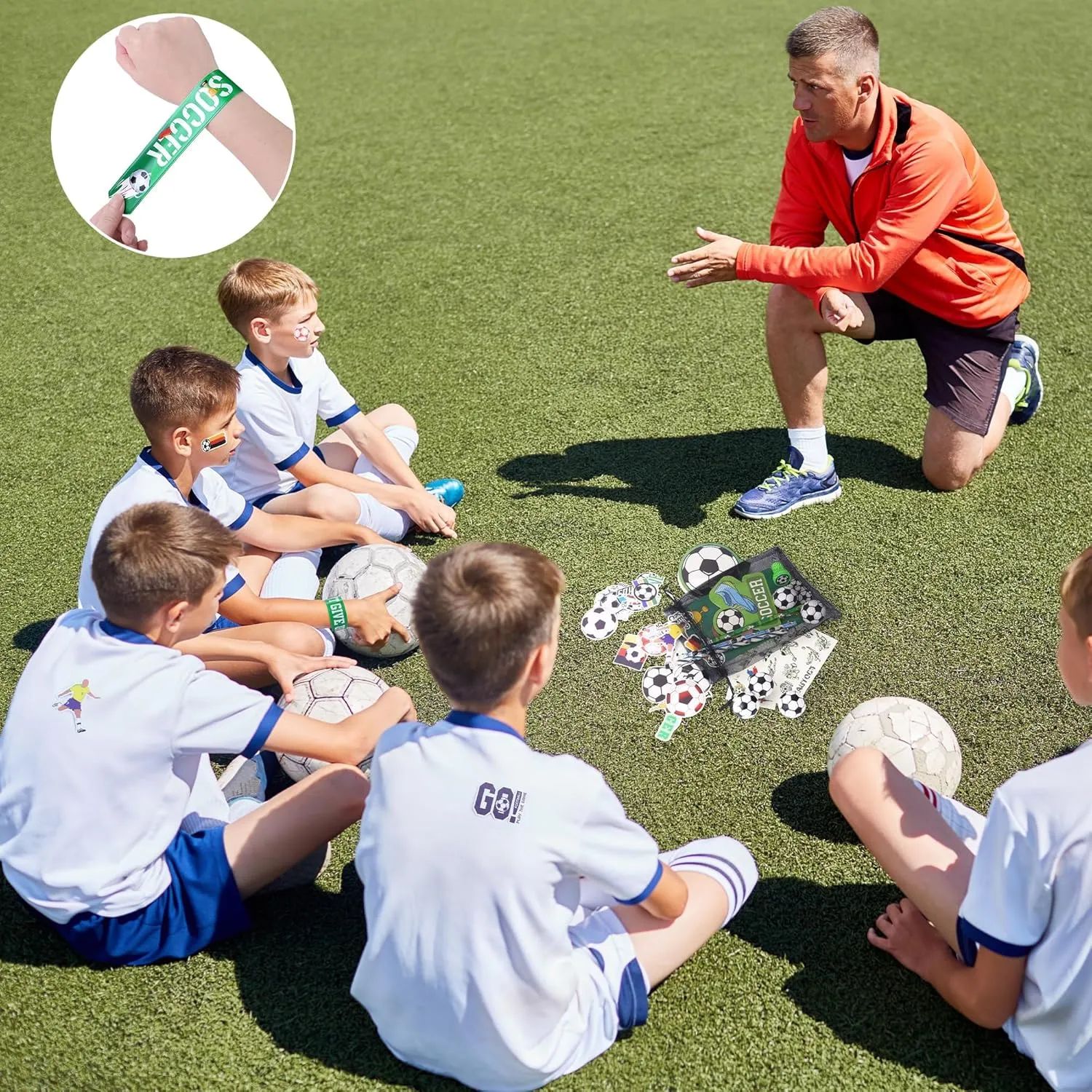 Aneco 340 Pieces Soccer Party Favor Set Soccer Goodie Bags Stuffers Mini Card Pencils Sharpener Eraser Stamp Slap Bracelet Sticker School Stationery Bulk for Sports Party Team Game Prize Birthday Gift
