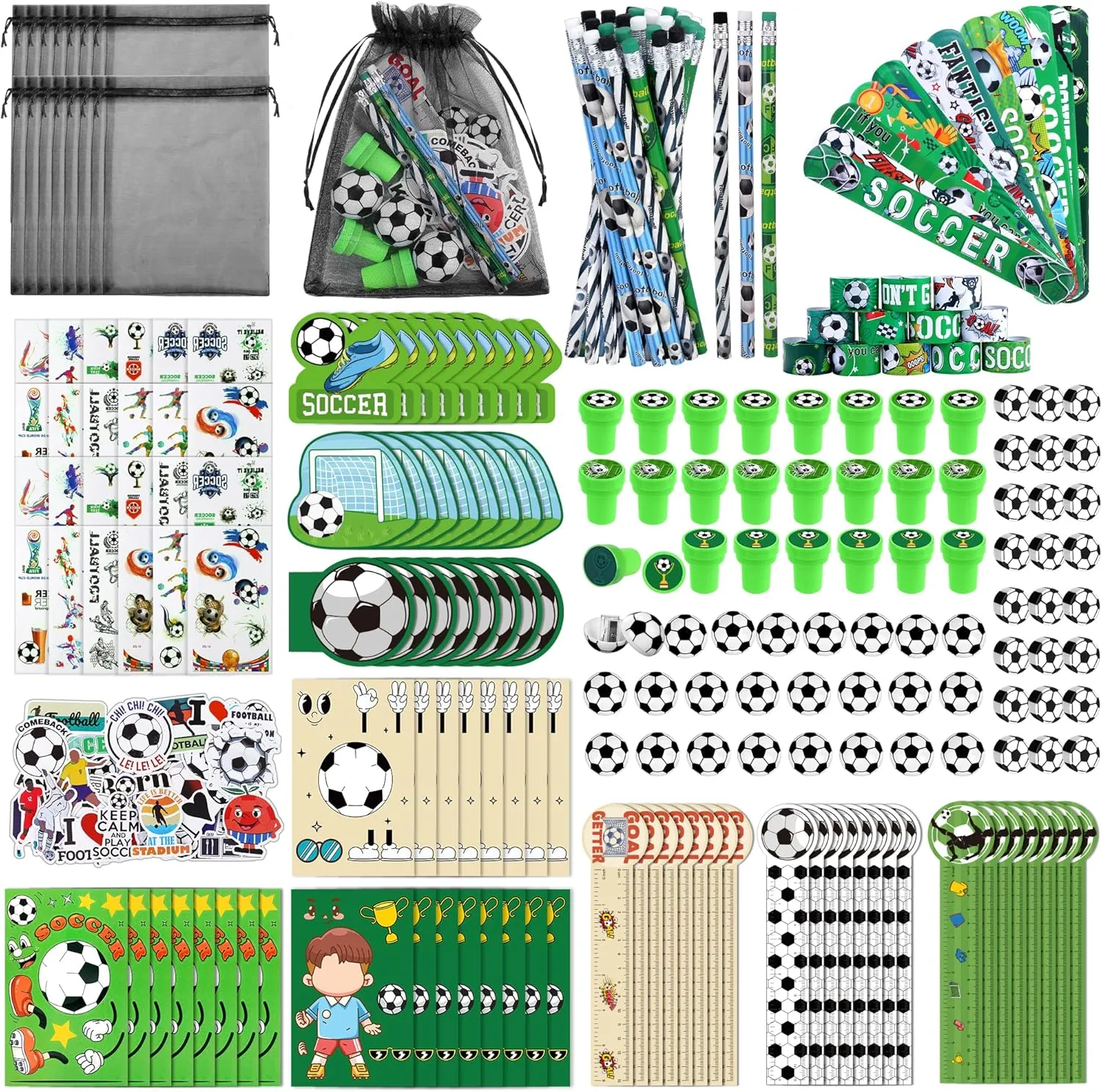 Aneco 340 Pieces Soccer Party Favor Set Soccer Goodie Bags Stuffers Mini Card Pencils Sharpener Eraser Stamp Slap Bracelet Sticker School Stationery Bulk for Sports Party Team Game Prize Birthday Gift