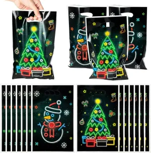 ANGOLIO 50Pcs Christmas Glow in the Dark Favors Bags Print Christmas Tree Snowman Candy Treat Bags with Handles Plastic Gifts Snack Bags Party Favor Supplies Back to School for Kids