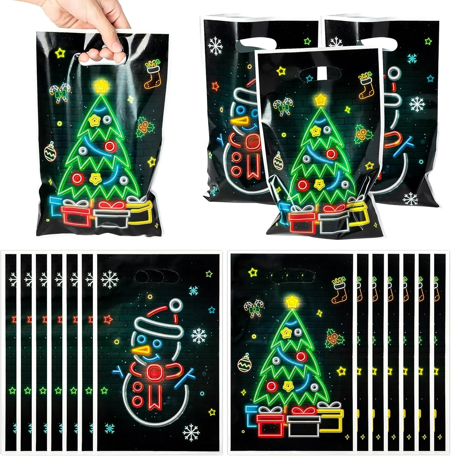 ANGOLIO 50Pcs Christmas Glow in the Dark Favors Bags Print Christmas Tree Snowman Candy Treat Bags with Handles Plastic Gifts Snack Bags Party Favor Supplies Back to School for Kids