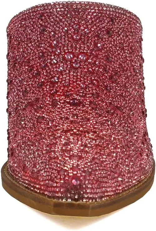 ARiderGirl Sweet Women's Rhinestone Crystal Stacked Heel Snip Toe Western Slip On Mules