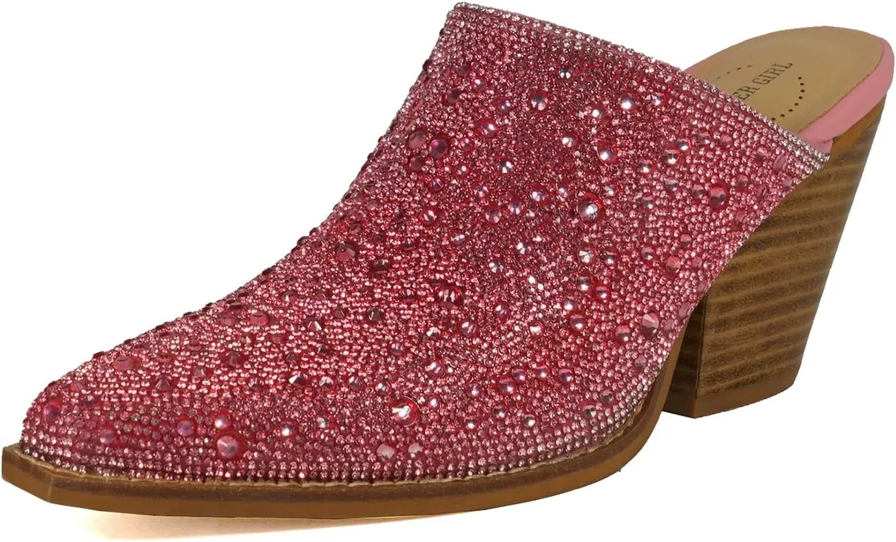 ARiderGirl Sweet Women's Rhinestone Crystal Stacked Heel Snip Toe Western Slip On Mules