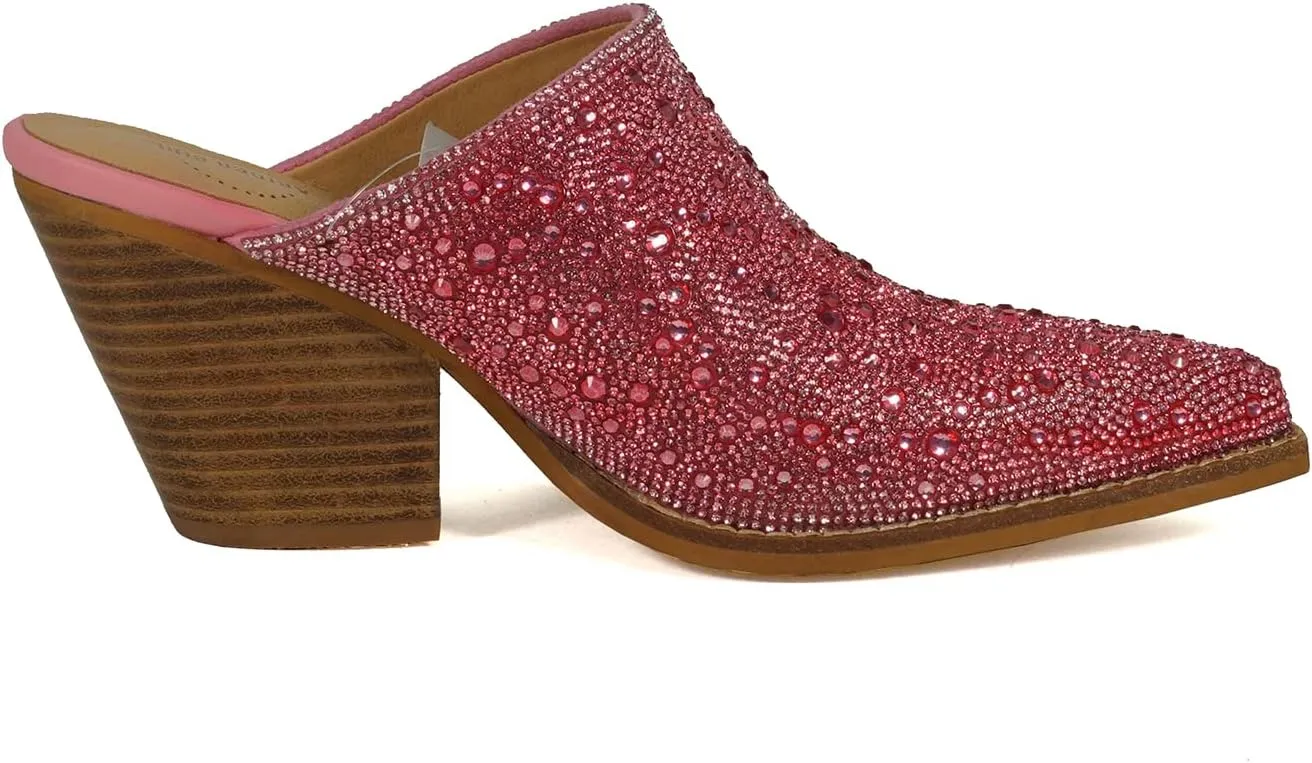 ARiderGirl Sweet Women's Rhinestone Crystal Stacked Heel Snip Toe Western Slip On Mules