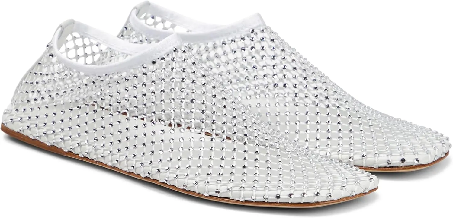 Arqa Crystals Mesh Flats for Women Rhinestone-Embellished Fishnet Sock Ballet Flat Shoes Comfort Casual Ballerina Shoes