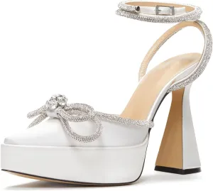 Arqa Women's Rhinestone Bow Platforms,Diamond Ankle Strap Pumps Chunky Heel Wedding Slingback Pump
