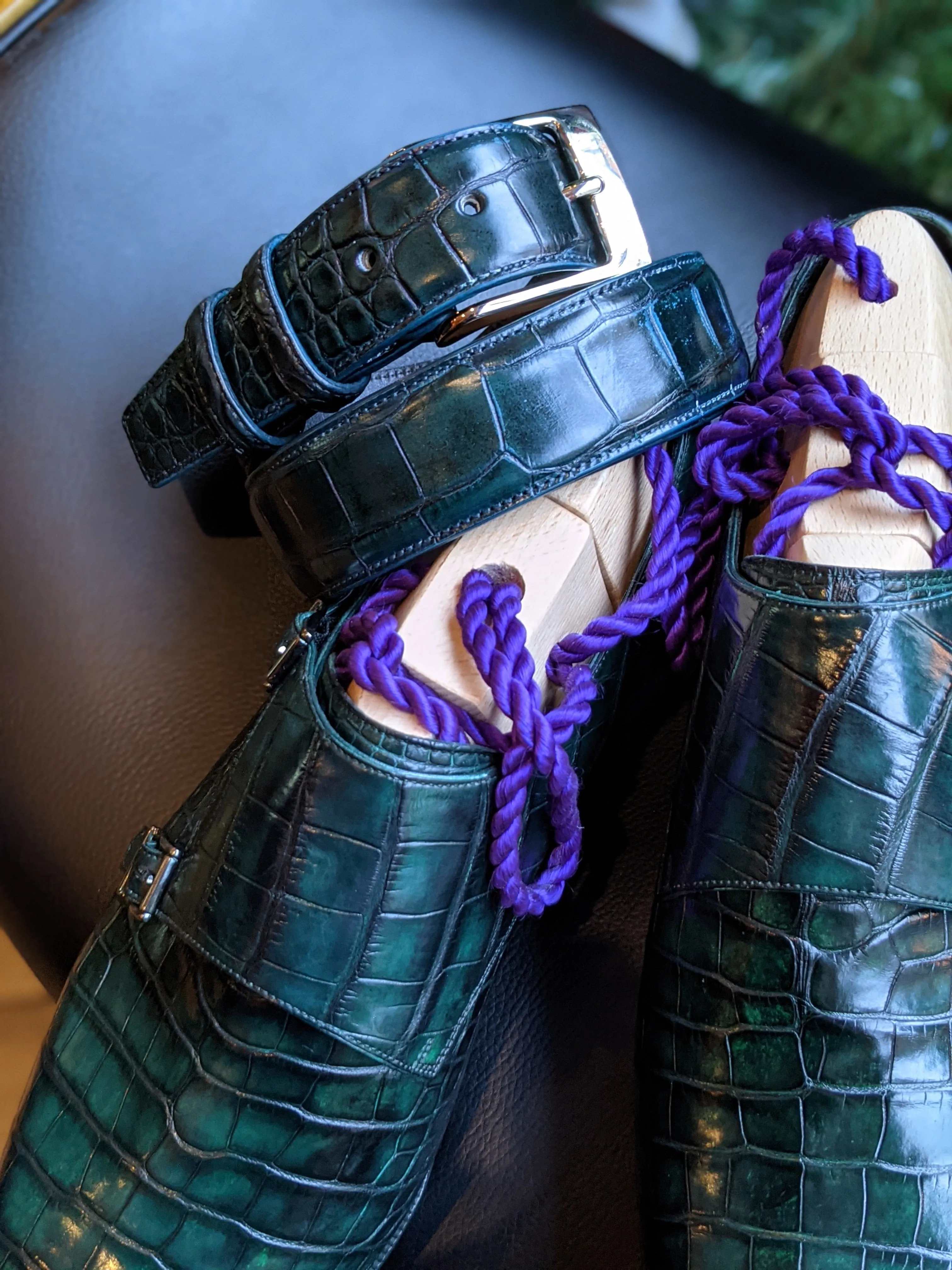 Ascot Double Monk - Emerald Green Crocodile