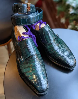 Ascot Double Monk - Emerald Green Crocodile