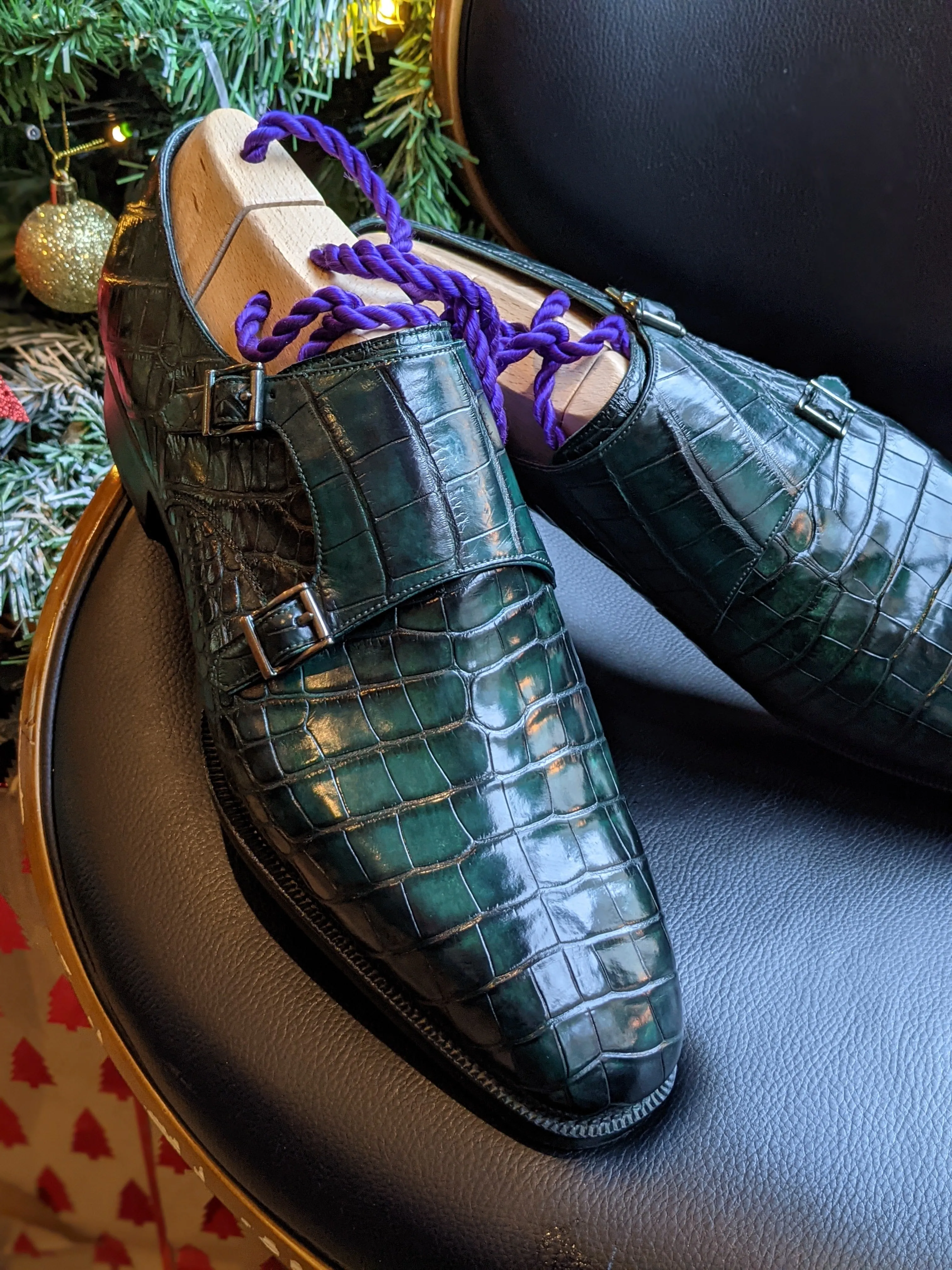 Ascot Double Monk - Emerald Green Crocodile