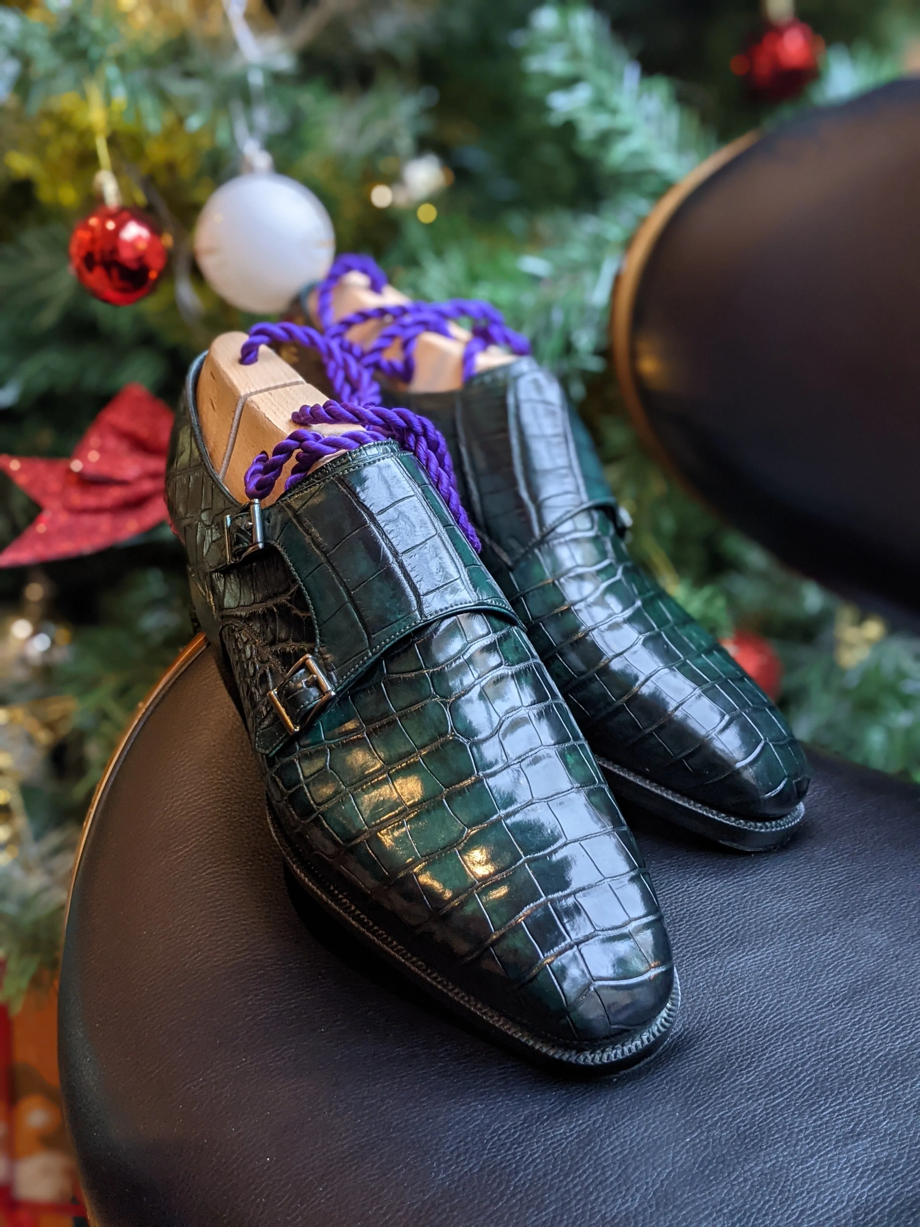 Ascot Double Monk - Emerald Green Crocodile