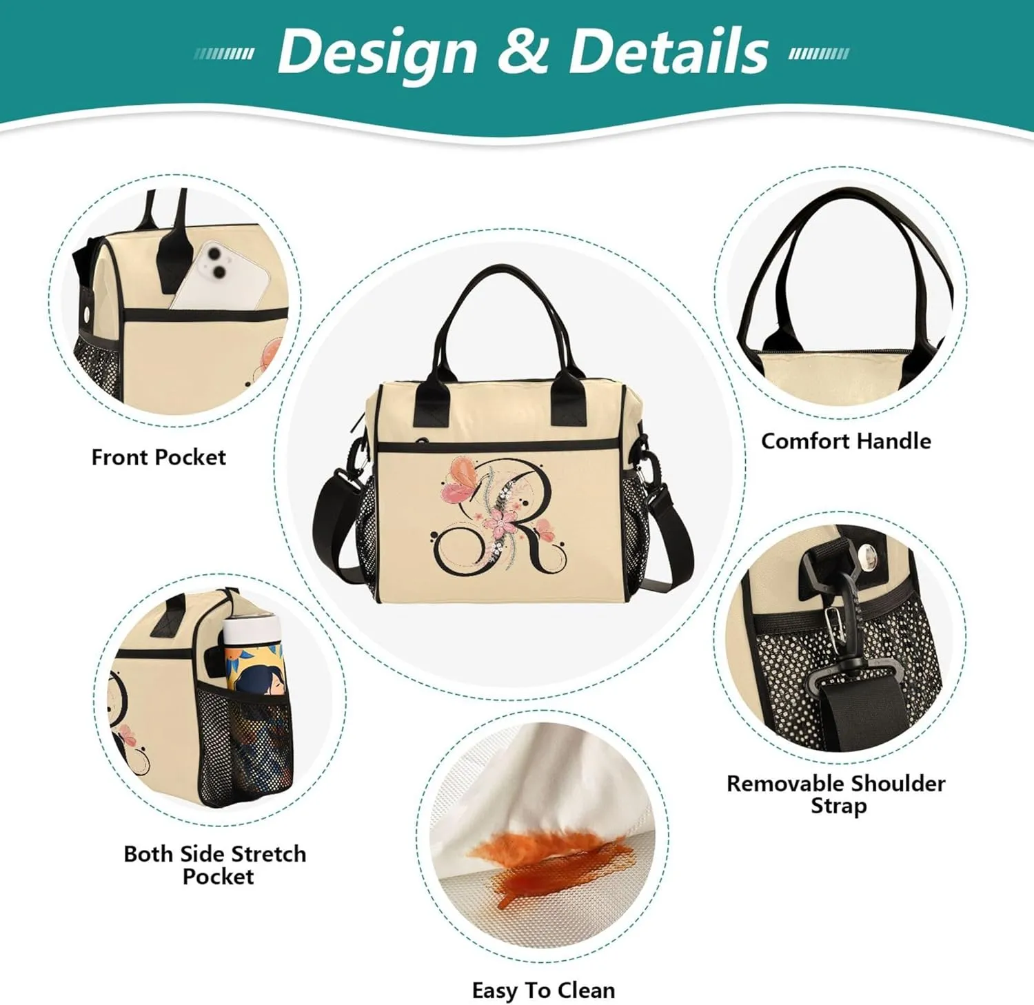 Aslsiy Lunch Bag for Women Wheat Letter R Insulated Lunch Box Lunch Tote Bag Gift for Women