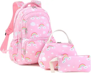 Backpack for Girls, Rainbow Clouds Backpack Schoolbag, Lightweight School Bookbag with Lunch Box Pencil Case