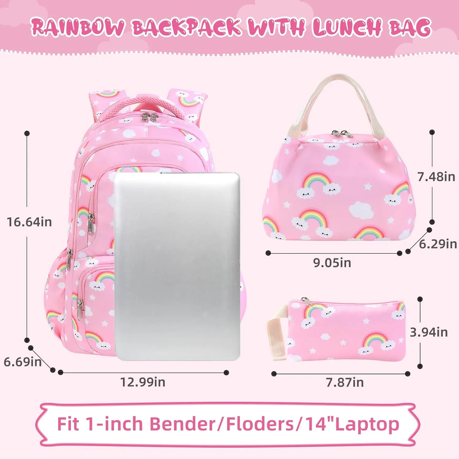 Backpack for Girls, Rainbow Clouds Backpack Schoolbag, Lightweight School Bookbag with Lunch Box Pencil Case