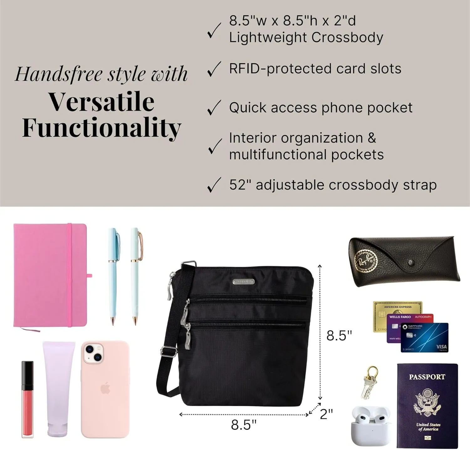 Baggallini Essential Crossbody Bags for Women 9x8 Organized Lightweight Washable Nylon Travel Handbag Purse w/RFID Protection