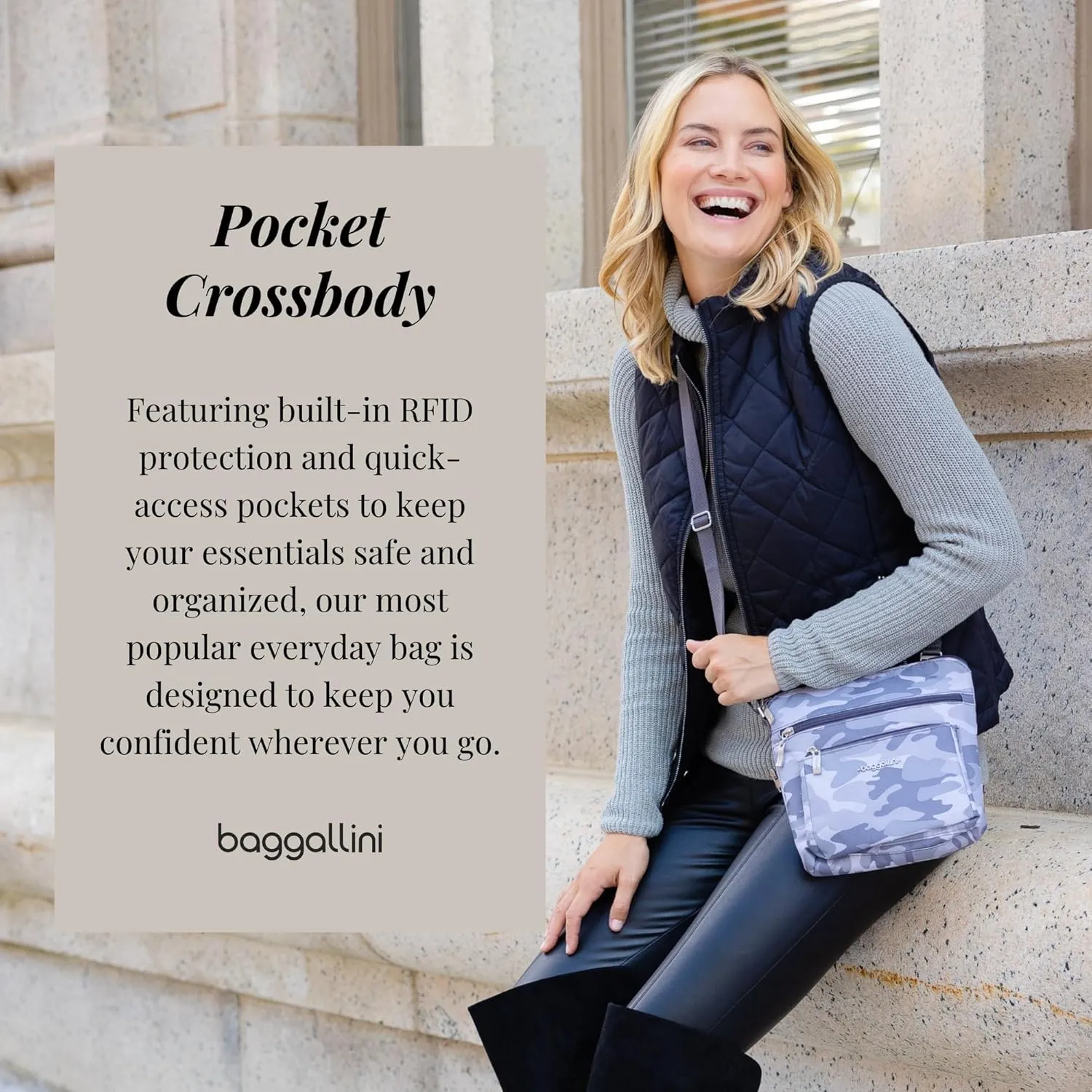 Baggallini Pocket Crossbody Bags for Women 8x8 Small Lightweight Durable Nylon Water-resistant Travel Purse W/Rfid Wristlet