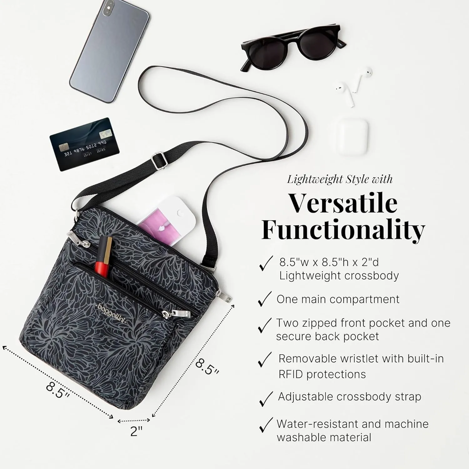 Baggallini Pocket Crossbody Bags for Women 8x8 Small Lightweight Durable Nylon Water-resistant Travel Purse W/Rfid Wristlet