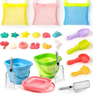 Beach Sand Toys Set with Stainless Steel Shovels, Shark Tooth Sifter & Mesh Bags – Durable Sand Toys for Beach, Family Beach Vacations Creative Sandcastle Building(25Pcs)