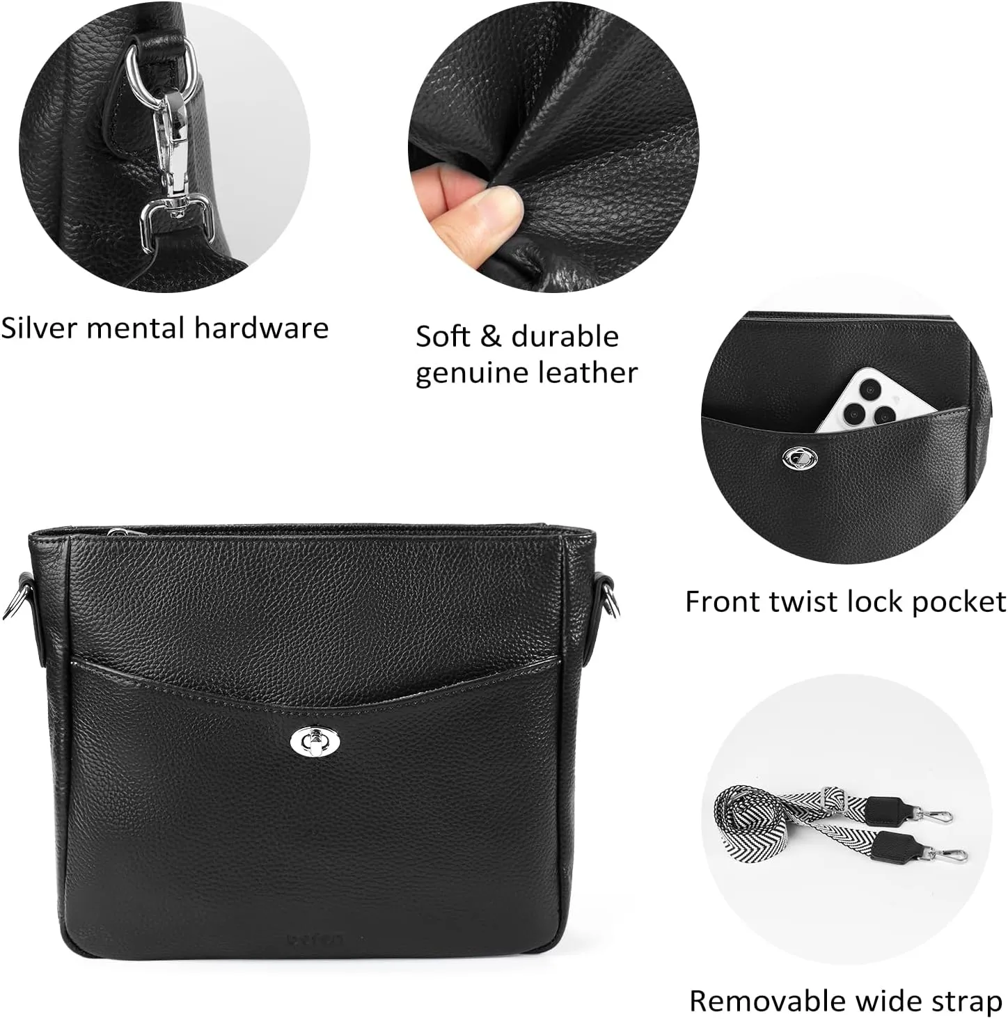 befen Genuine Leather Crossbody Bags for Women, Women's Shoulder Purse Hobo Handbags with Adjustable Wide Strap