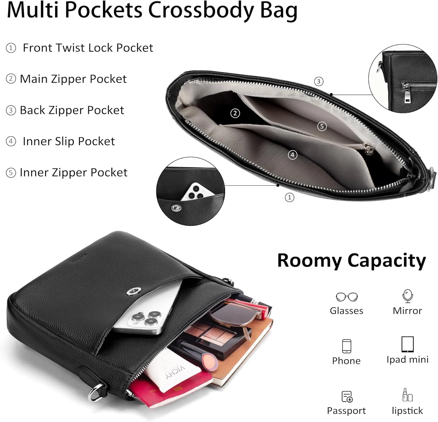 befen Genuine Leather Crossbody Bags for Women, Women's Shoulder Purse Hobo Handbags with Adjustable Wide Strap
