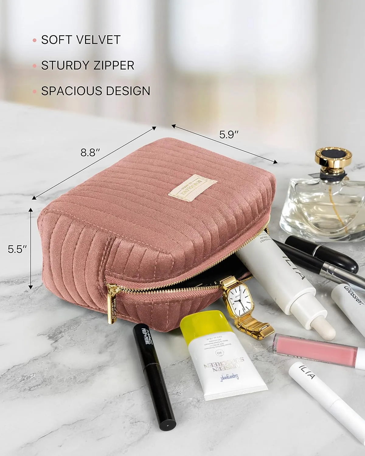Benevolence LA Plush Velvet Large Makeup Bag for Travel | Cosmetic Pouch, Toiletry Organizer for Women, Large Capacity Bag for Accessories, Quilted Purse - Dusty Pink