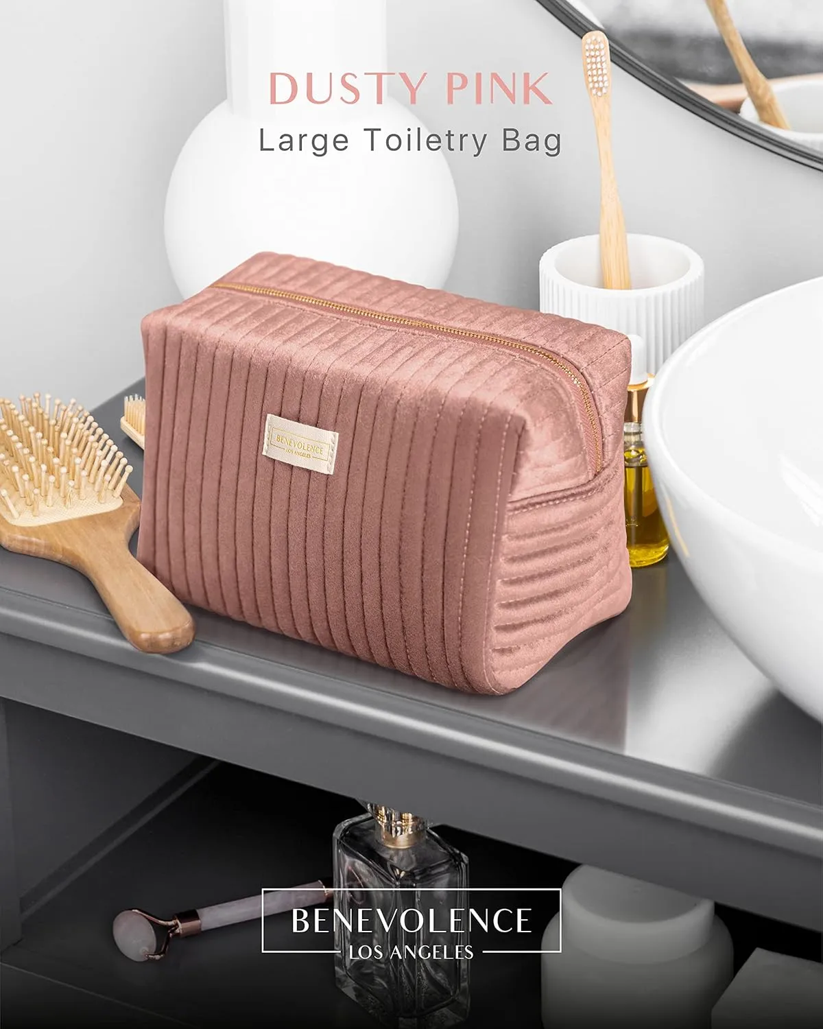 Benevolence LA Plush Velvet Large Makeup Bag for Travel | Cosmetic Pouch, Toiletry Organizer for Women, Large Capacity Bag for Accessories, Quilted Purse - Dusty Pink