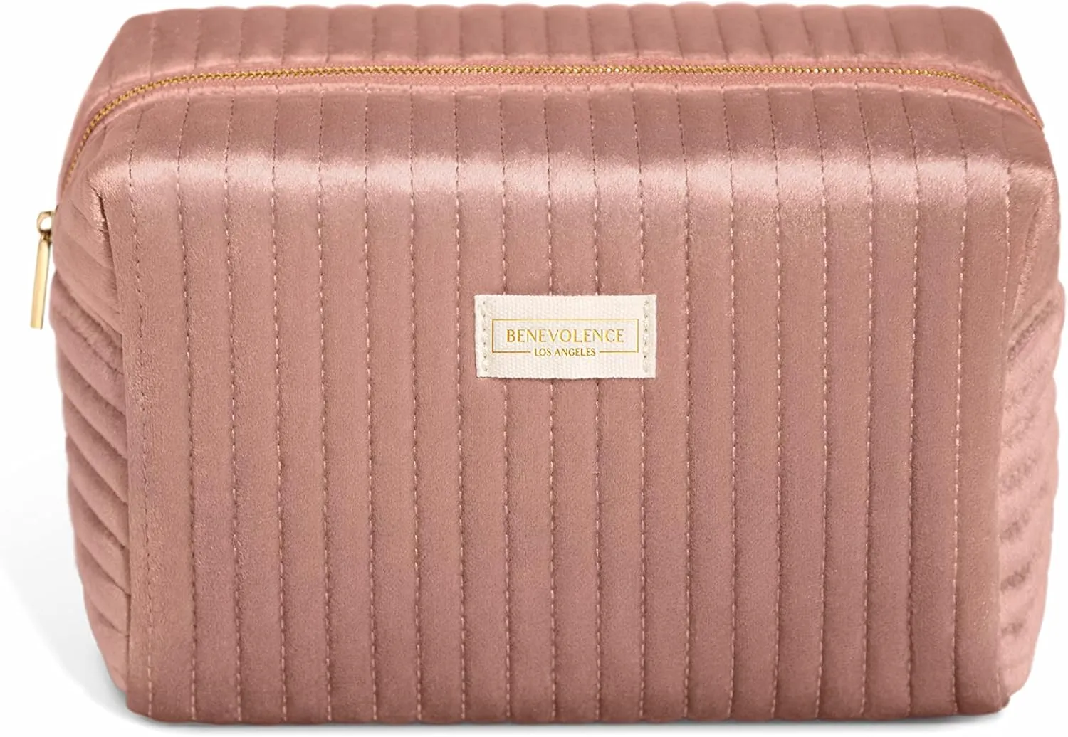 Benevolence LA Plush Velvet Large Makeup Bag for Travel | Cosmetic Pouch, Toiletry Organizer for Women, Large Capacity Bag for Accessories, Quilted Purse - Dusty Pink