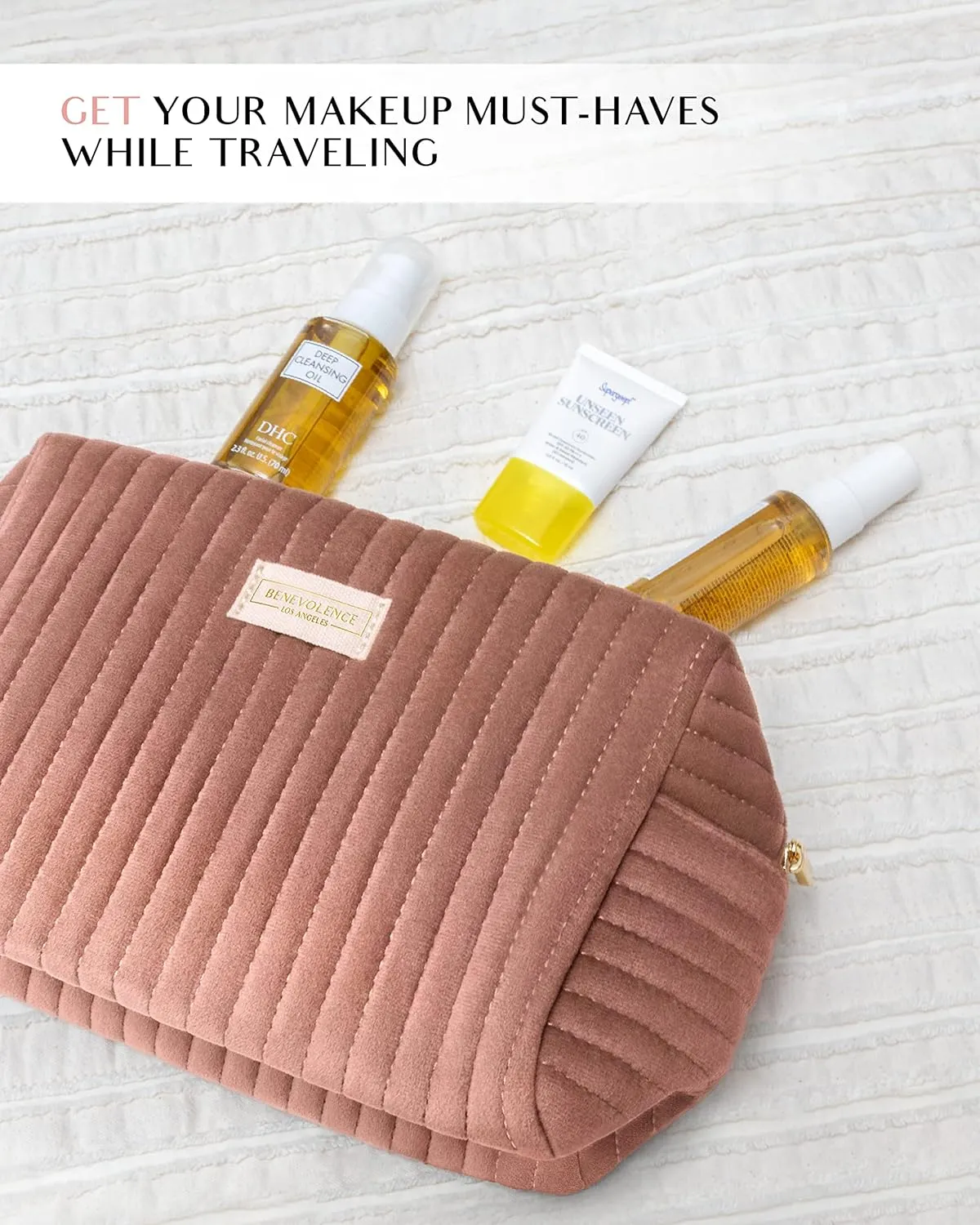 Benevolence LA Plush Velvet Large Makeup Bag for Travel | Cosmetic Pouch, Toiletry Organizer for Women, Large Capacity Bag for Accessories, Quilted Purse - Dusty Pink