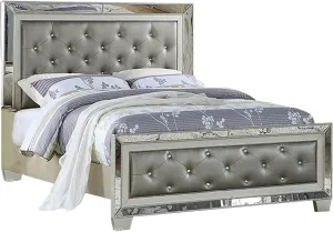 Benjara BM301383 Reva Mirror Inlaid Button Tufted Faux Leather Upholstery Bed Gray - King Size