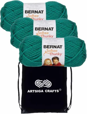 Bernat Knitting Yarn Softee Chunky Emerald 3-Skein Factory Pack (Same Dyelot) 161128-28200 Bundle with 1 Artsiga Crafts Project Bag
