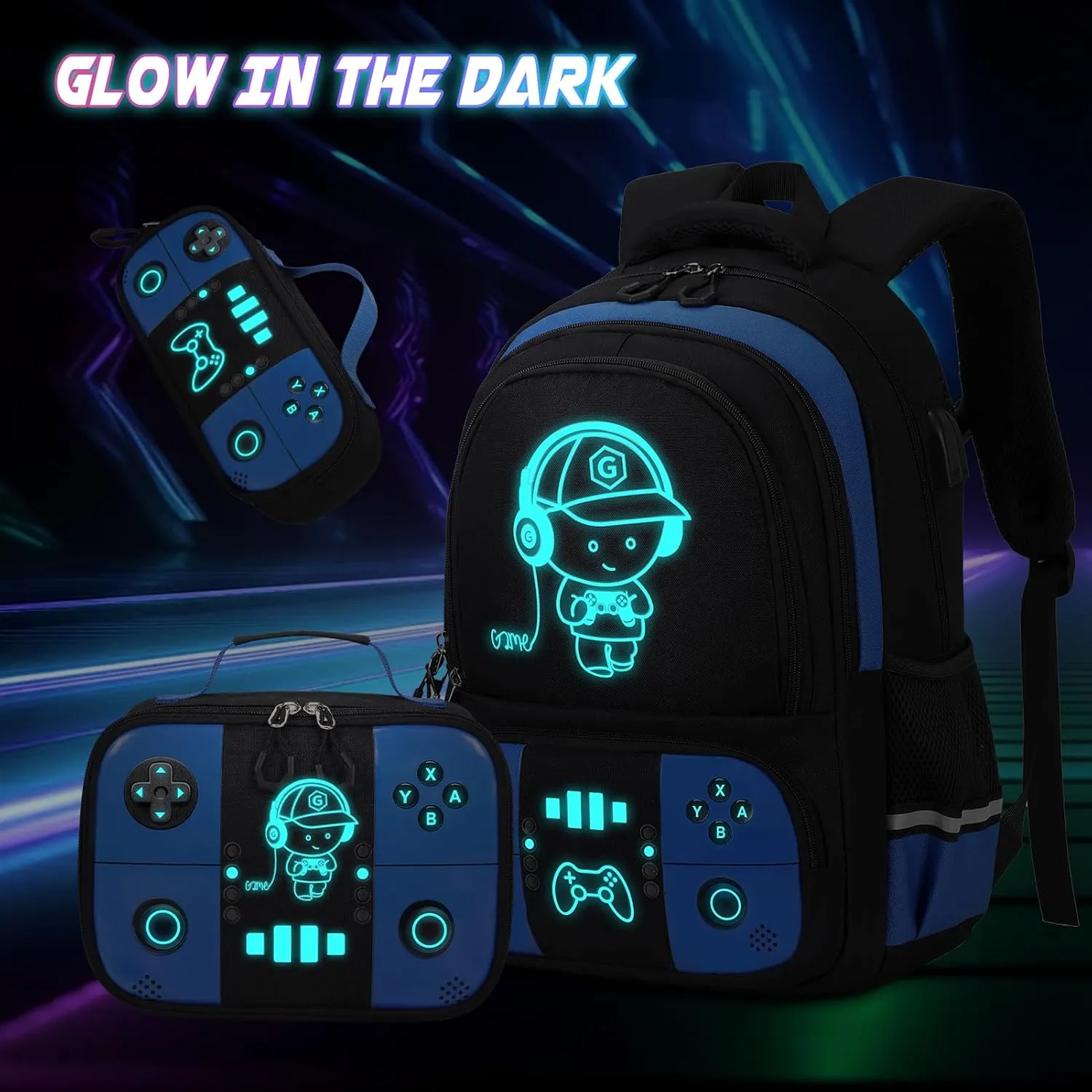 Bevalsa Backpack for School Boys, Cool Luminous Gamer Boys Backpack with Lunch Box & Pencil Pouch Set for Kids Children Teens Elementary Middle Schools, Schoolbag Bookbag Glow In The Dark (Blue)