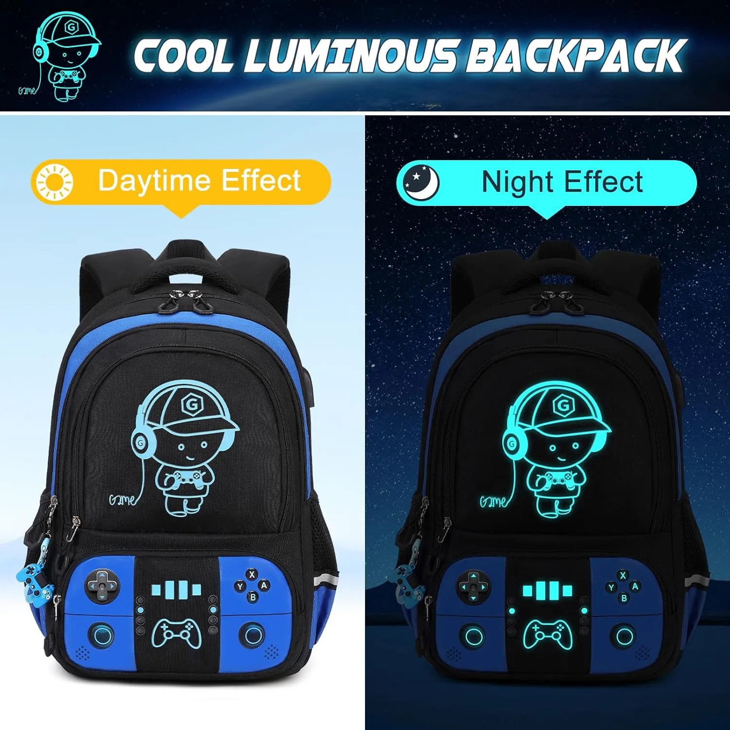 Bevalsa Backpack for School Boys, Cool Luminous Gamer Boys Backpack with Lunch Box & Pencil Pouch Set for Kids Children Teens Elementary Middle Schools, Schoolbag Bookbag Glow In The Dark (Blue)