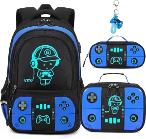 Bevalsa Backpack for School Boys, Cool Luminous Gamer Boys Backpack with Lunch Box & Pencil Pouch Set for Kids Children Teens Elementary Middle Schools, Schoolbag Bookbag Glow In The Dark (Blue)
