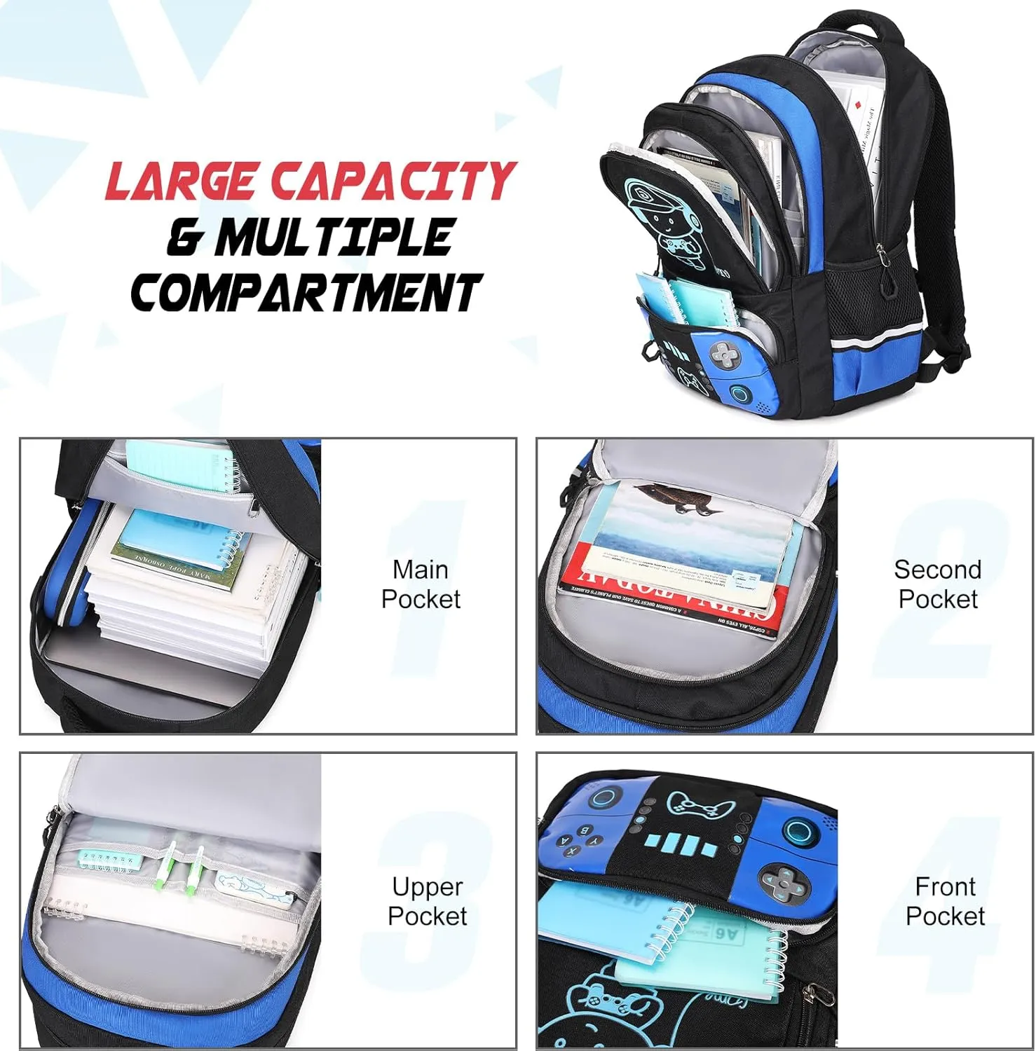 Bevalsa Backpack for School Boys, Cool Luminous Gamer Boys Backpack with Lunch Box & Pencil Pouch Set for Kids Children Teens Elementary Middle Schools, Schoolbag Bookbag Glow In The Dark (Blue)