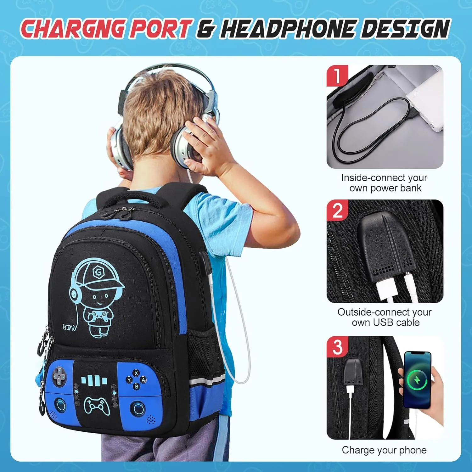 Bevalsa Backpack for School Boys, Cool Luminous Gamer Boys Backpack with Lunch Box & Pencil Pouch Set for Kids Children Teens Elementary Middle Schools, Schoolbag Bookbag Glow In The Dark (Blue)