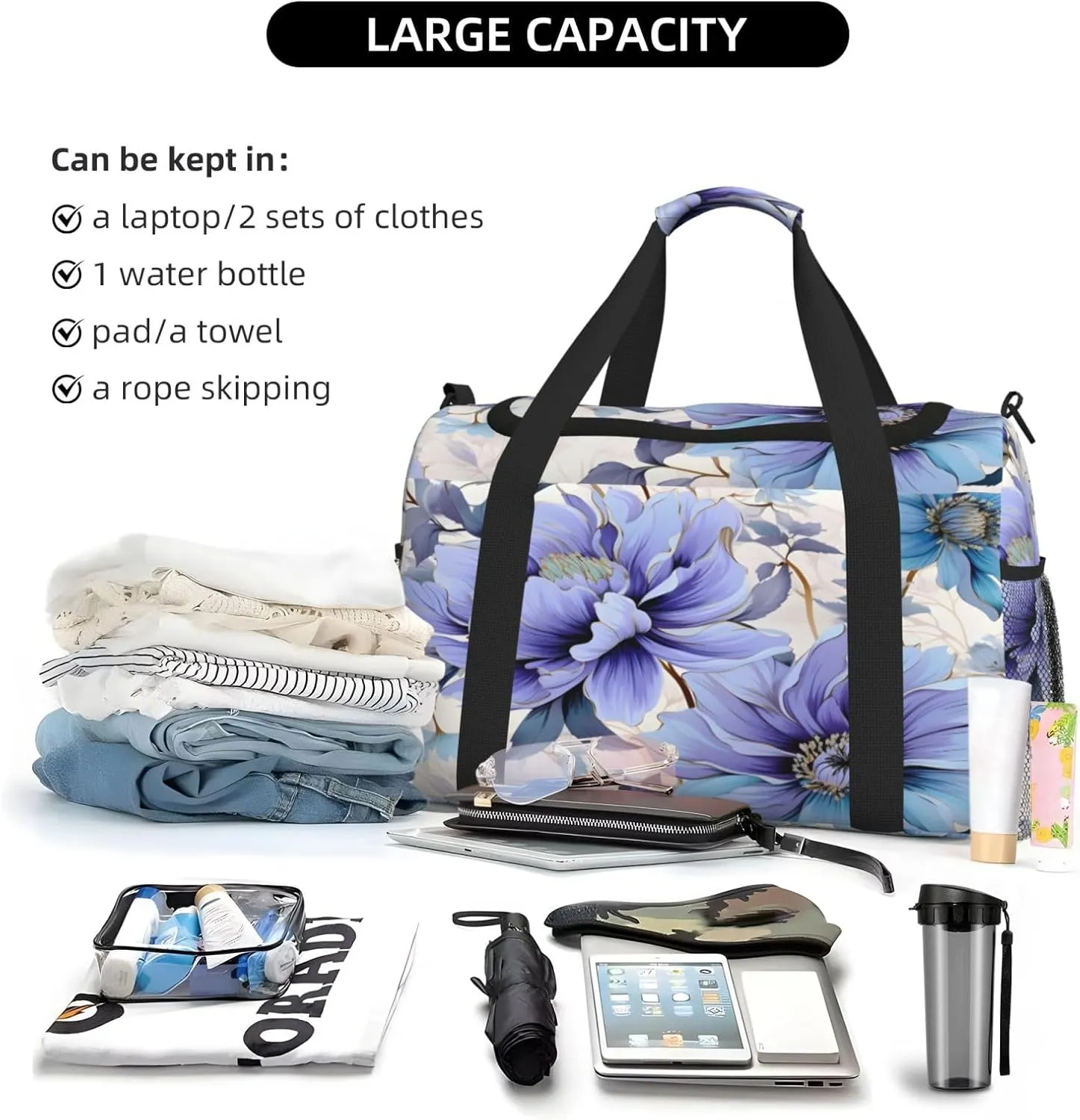 Blue Flower Pattern Travel Duffel Bag with Strap Multi Pockets Sports Bag Handbag Large Shoulder Bag for Gym Weekend Fitness Camping