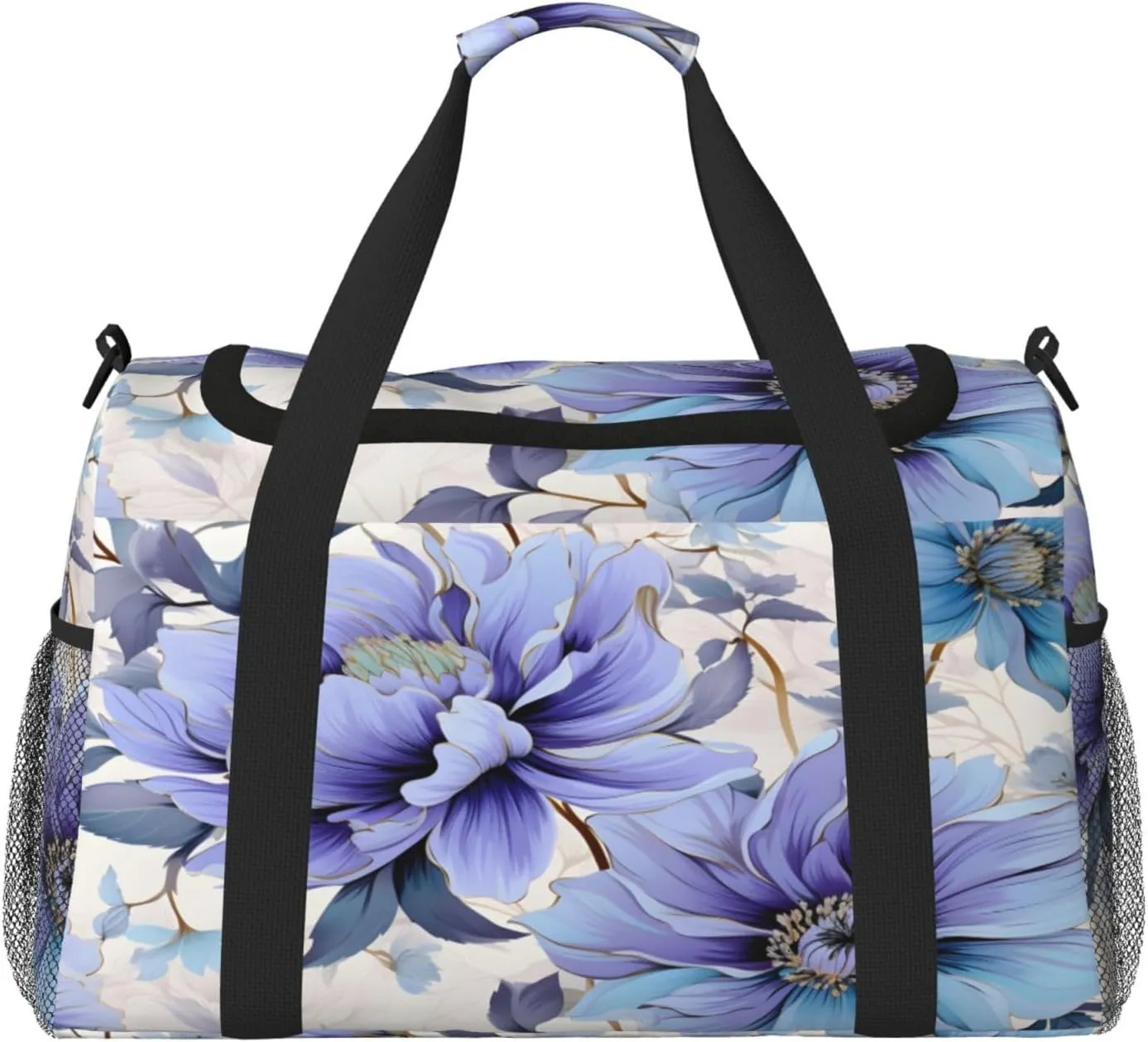 Blue Flower Pattern Travel Duffel Bag with Strap Multi Pockets Sports Bag Handbag Large Shoulder Bag for Gym Weekend Fitness Camping