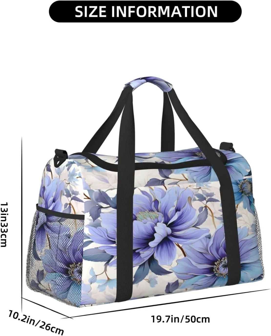 Blue Flower Pattern Travel Duffel Bag with Strap Multi Pockets Sports Bag Handbag Large Shoulder Bag for Gym Weekend Fitness Camping